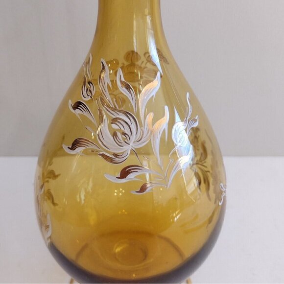 Vtg Italy Hand Blown Glass Wine Decanter Amber Gold White Floral Hand Painted - Picture 8 of 15